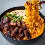 Spicy Korean Ramen with Grilled Beef & Creamy Sauce Recipe