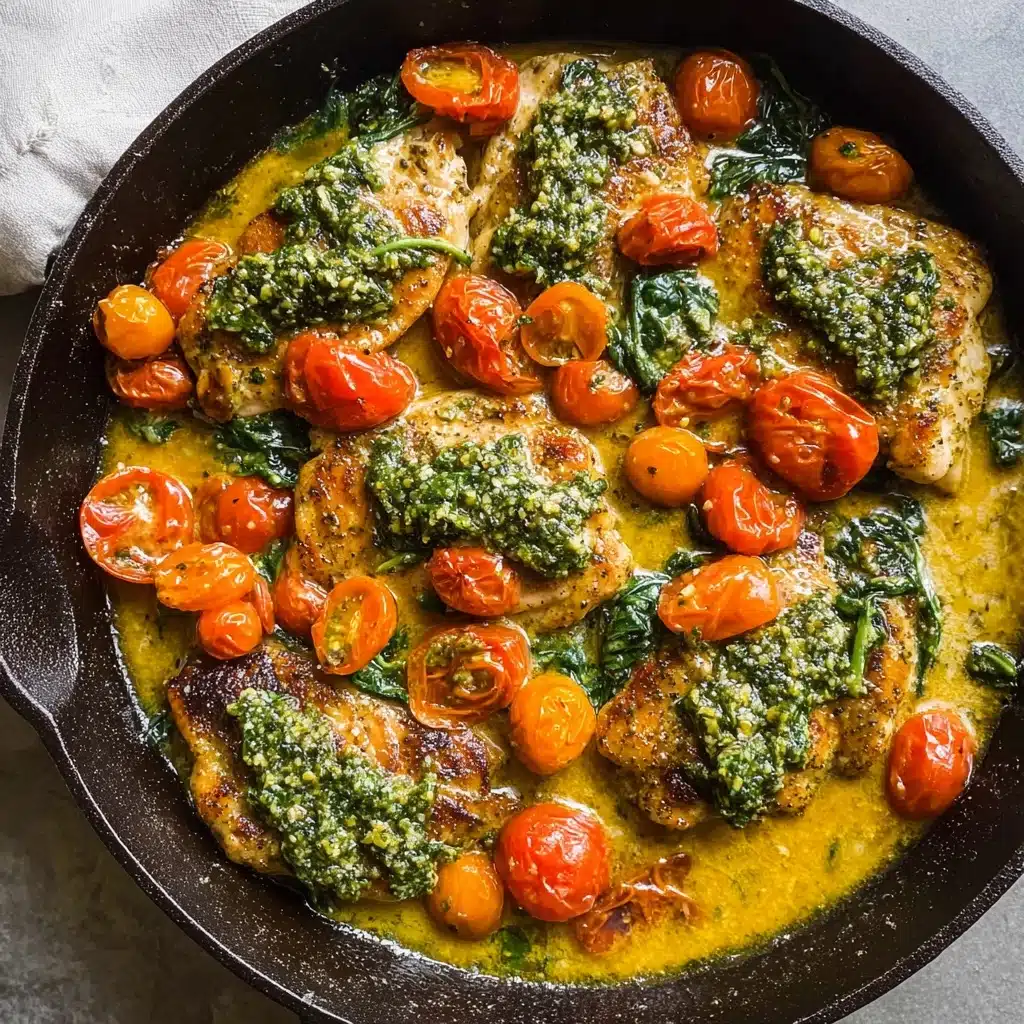 Creamy Pesto Chicken with Roasted Tomatoes Recipe