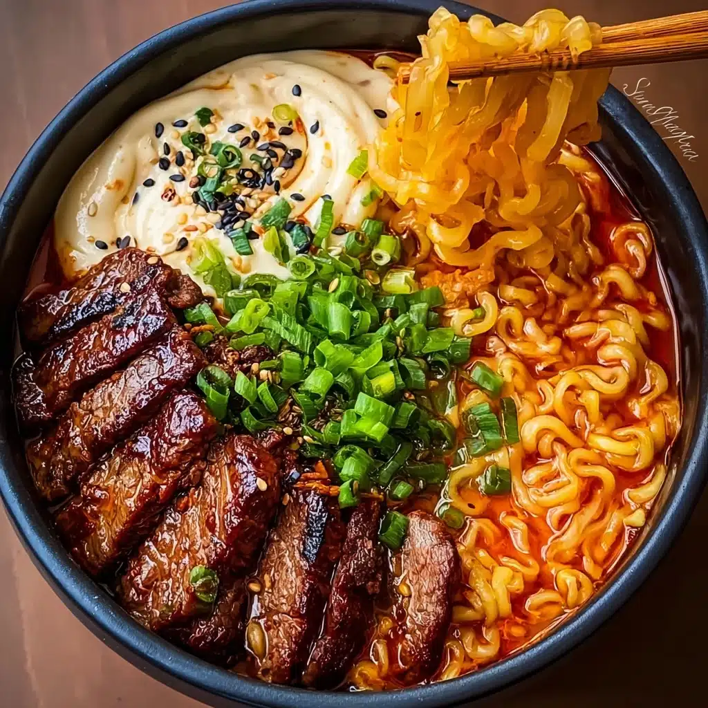 Spicy Korean Ramen with Grilled Beef & Creamy Sauce Recipe - Recipe Image