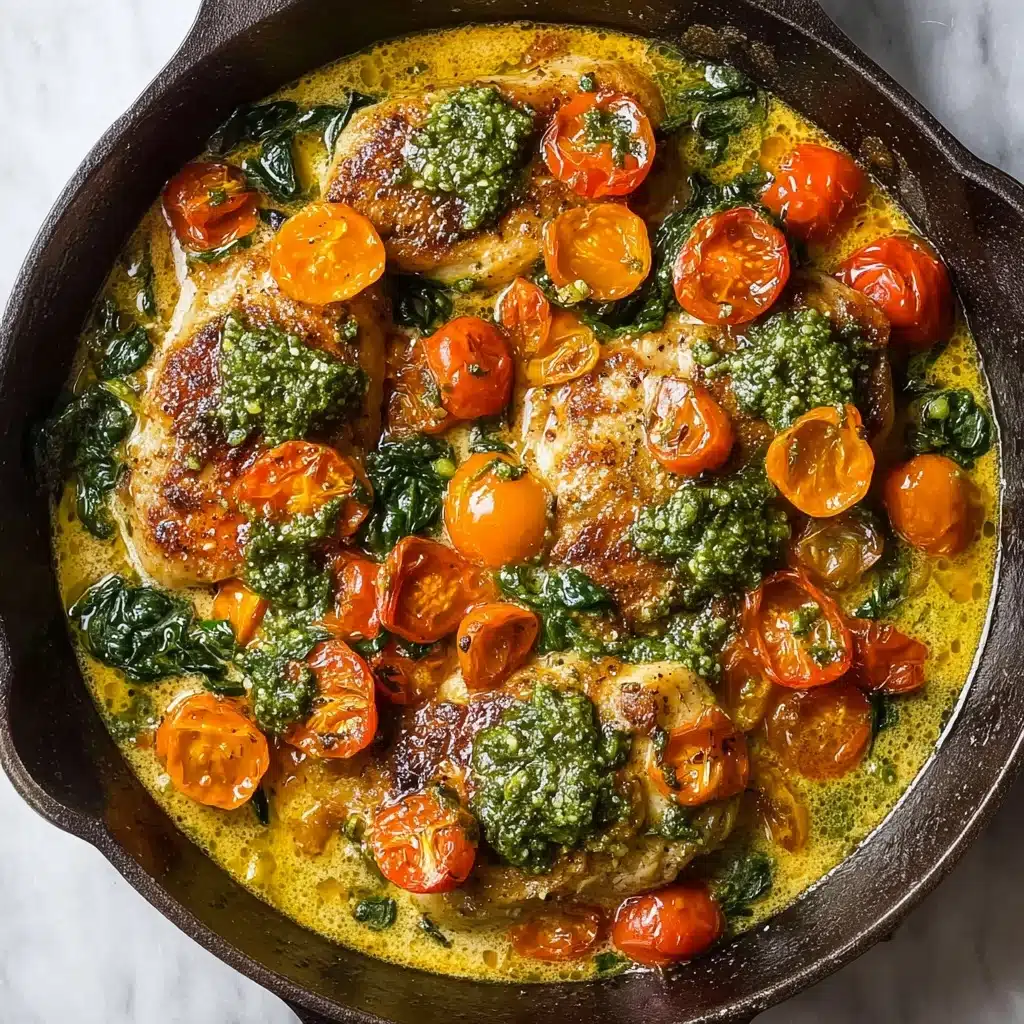 Creamy Pesto Chicken with Roasted Tomatoes Recipe - Recipe Image