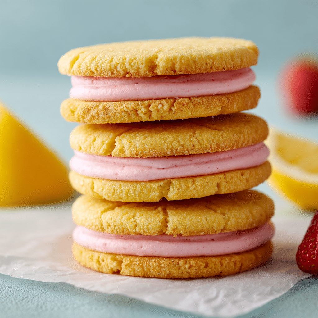 Lemon Sandwich Cookies with Strawberry Frosting Recipe - Recipe Image