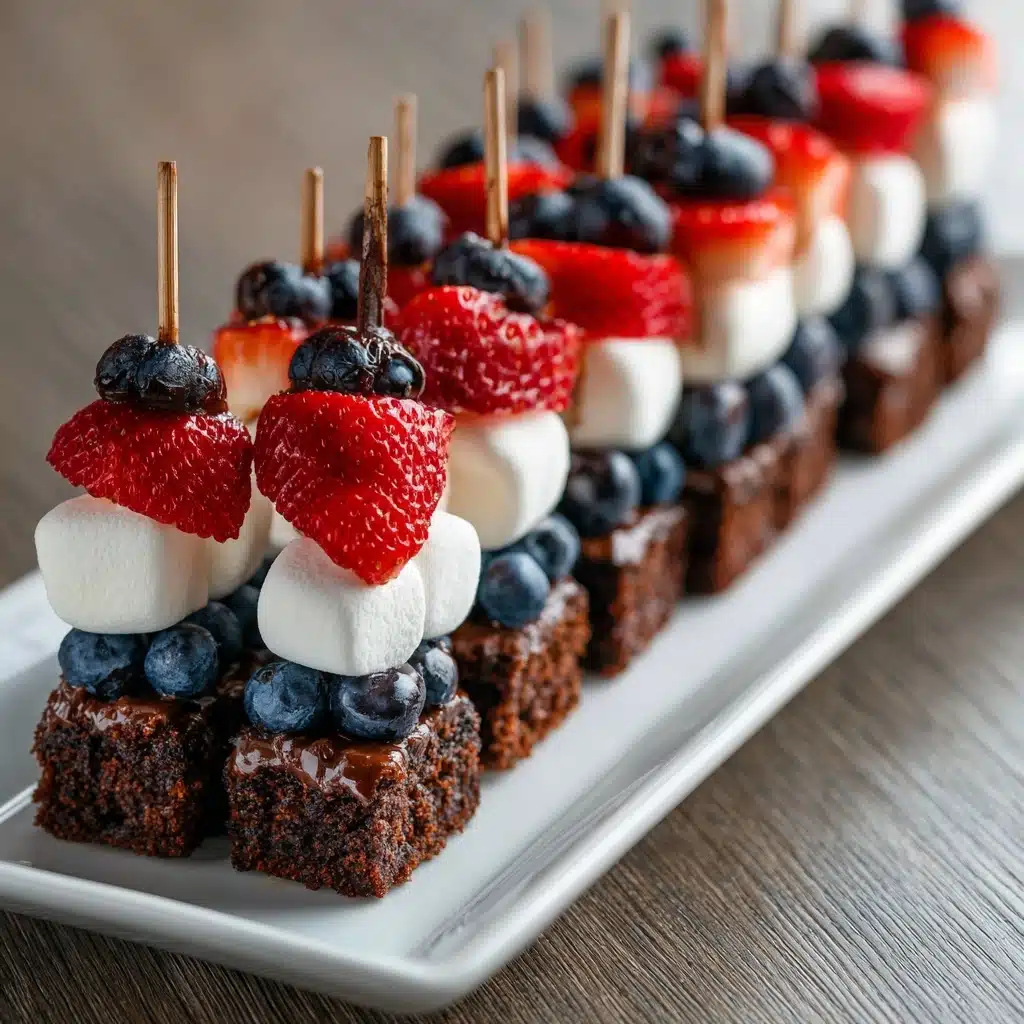 Red, White and Blue Fruit and Brownie Skewers Recipe - Recipe Image