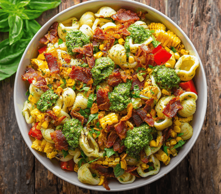 Corn Pasta Salad with Bacon and Creamy Pesto Dressing Recipe