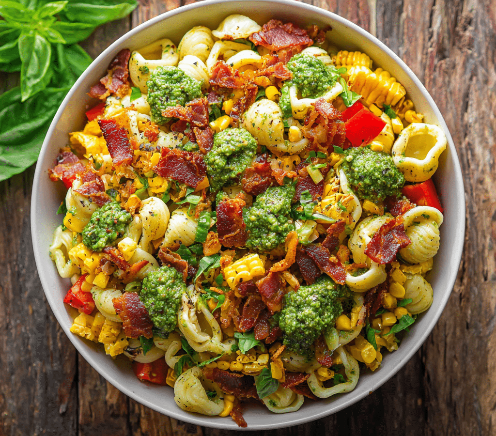 Corn Pasta Salad with Bacon and Creamy Pesto Dressing Recipe