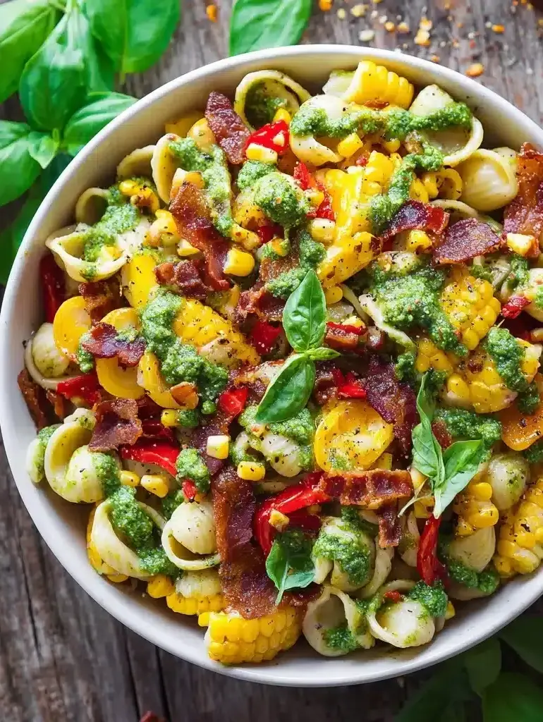Corn Pasta Salad with Bacon and Creamy Pesto Dressing Recipe