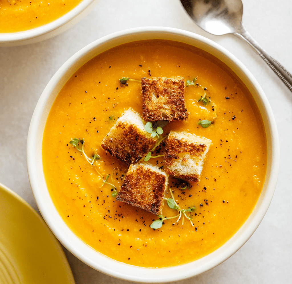 Spicy Pumpkin Soup with Grilled Cheese Croutons Recipe