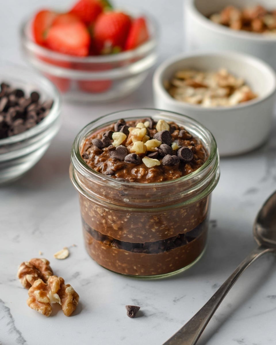 A small clear glass jar filled with three layers: the bottom layer is dark brown and thick, likely chocolate oatmeal; the middle layer blends into the bottom with a slightly different texture showing oats; the top layer has scattered small pieces of light brown walnuts and dark chocolate chips. The jar sits on a white marbled surface with a few chocolate chips and a walnut piece beside it. A metal spoon lies to the right of the jar. In the background, there are three blurred white bowls, one with bright red strawberries, another with chopped walnuts, and one small clear glass bowl with more dark chocolate chips. photo taken with an iphone --ar 4:5 --v 7