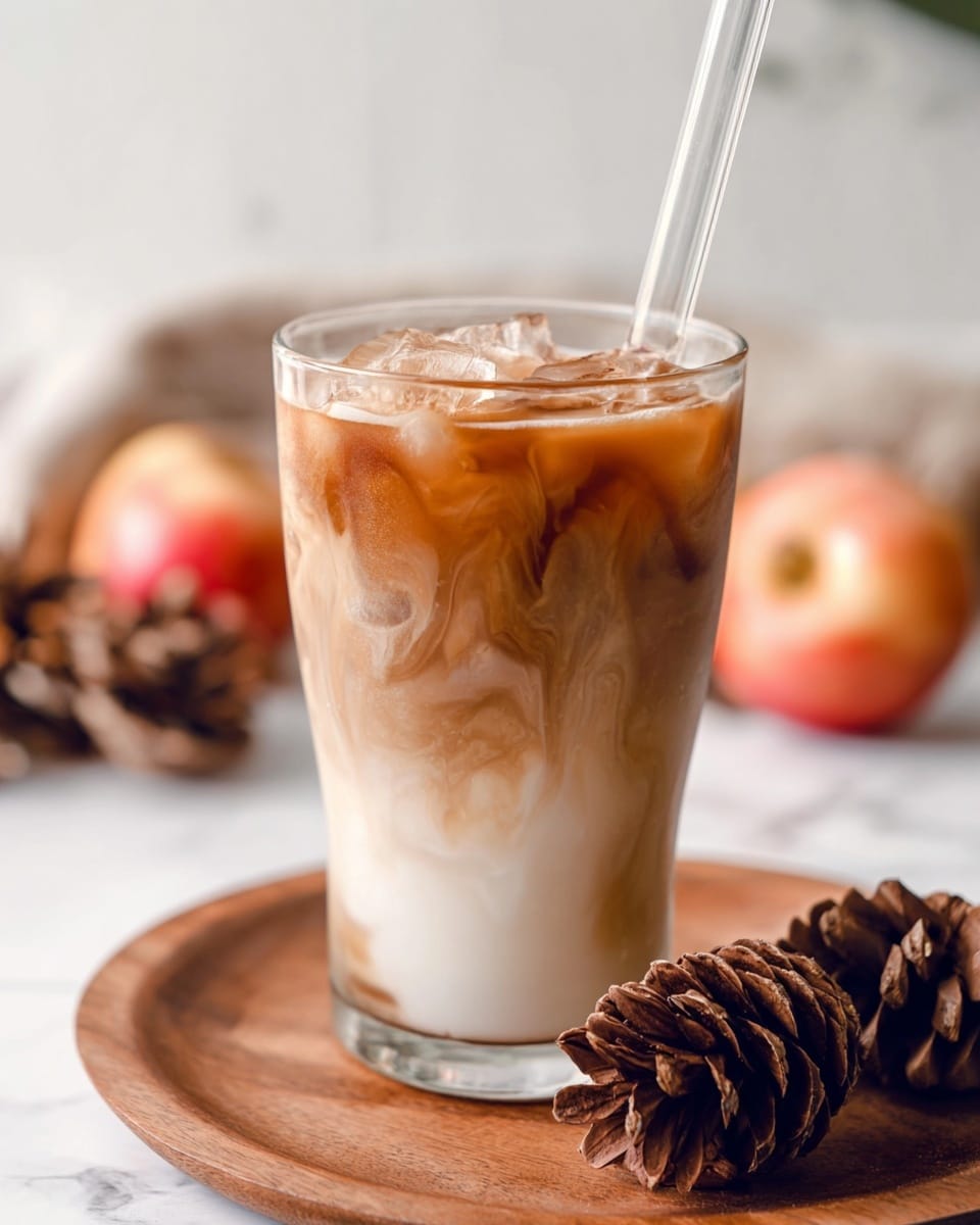 A glass filled with iced layered coffee drink sitting on a round wooden tray. The bottom layer is creamy white milk with a smooth texture, followed by a middle layer where milk and light brown coffee mix in a swirling pattern, topped by a darker brown coffee layer with visible ice cubes. A clear glass straw sticks out from the drink. Nearby, two brown pine cones rest on the tray and slightly blurred red and yellow apples are in the background, all set against a white marbled surface. photo taken with an iphone --ar 4:5 --v 7