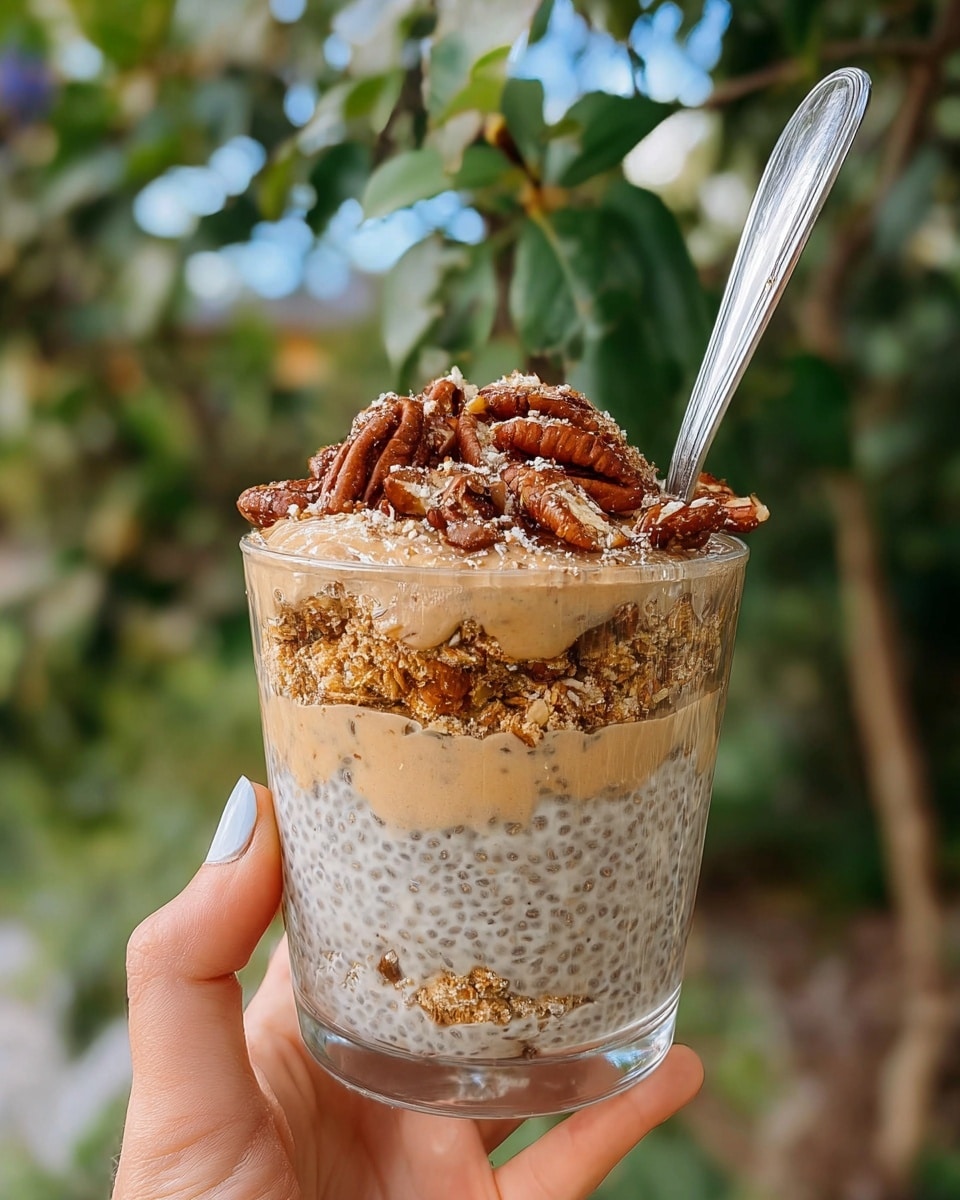 A clear glass filled with three main layers, starting with a bottom layer of creamy beige chia pudding with visible chia seeds, followed by a thin middle layer of golden brown granola or crushed nuts, and topped with another thick layer of the chia pudding. On top, there is a generous sprinkle of chopped pecans and crushed nuts, adding a textured, crumbly, light brown finish. A silver spoon is inserted into the pudding from the top right, and a woman's hand holds the glass in front of a blurred background of green leaves and tree branches. The photo is taken with a white marbled texture surface behind the hand. photo taken with an iphone --ar 4:5 --v 7