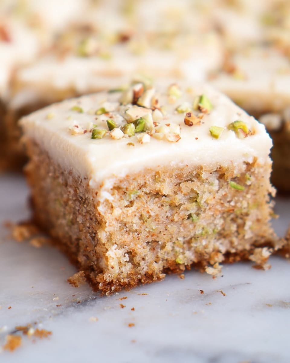 The image shows a close-up of a single slice from a batch of square, moist cake pieces. The cake has two visible layers: the bottom layer is light brown with a spongy, soft texture that contains small bits of nuts and green flecks scattered inside, while the top layer is a thick, smooth cream-colored frosting. The frosting is sprinkled with small chunks of chopped nuts. The cake rests on a white marbled surface with some crumbs and nut pieces around it, emphasizing its fresh, homemade look. Photo taken with an iphone --ar 4:5 --v 7