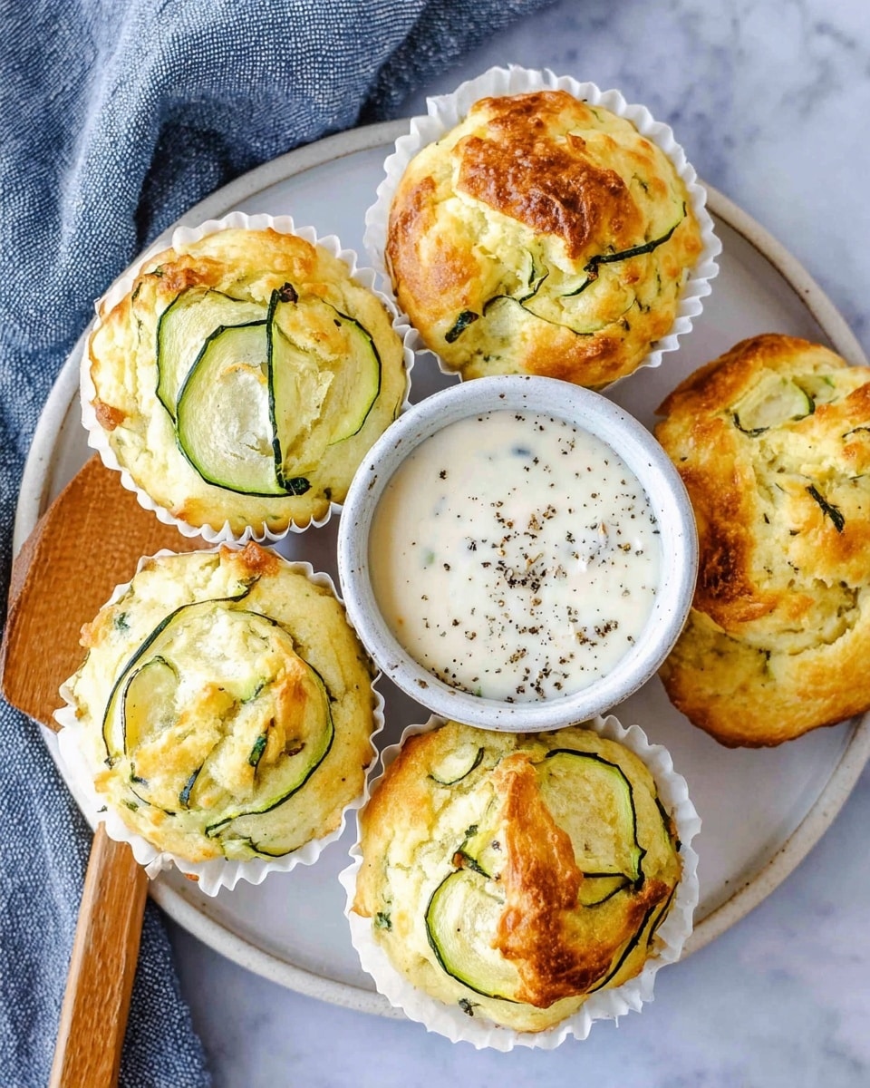 The image shows five golden baked muffins with a soft texture, each topped with thin green zucchini slices that are slightly browned on a white plate. They are nestled in white paper liners with the tops slightly cracked, revealing a fluffy interior. In the center of the plate is a small white bowl filled with a creamy white sauce sprinkled with cracked black pepper. A wooden spatula is partially visible on the left side under one muffin. The plate sits on a white marbled surface with a blue-gray cloth in the background. photo taken with an iphone --ar 4:5 --v 7