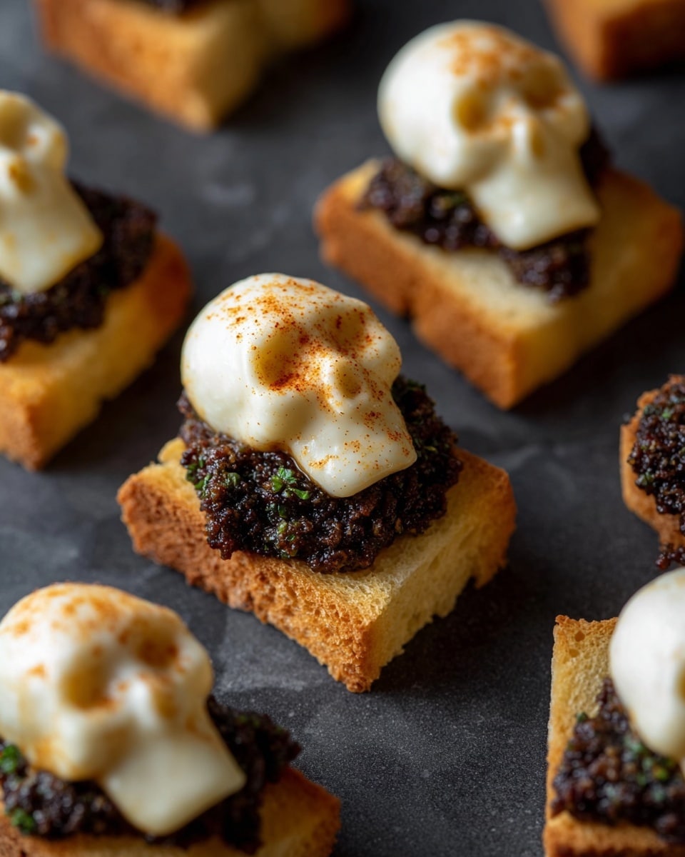 The image shows small skull-shaped pieces of mozzarella cheese, some plain white and some lightly dusted with red spice, placed on small golden brown toast squares with a layer of dark olive tapenade underneath. The skulls have clear eye sockets and nose details, with about two layers visible: the white or spiced mozzarella on top, and the dark olive spread on toast below. These pieces are arranged on a black slate board with an ornate rusty iron decoration curling on one side. The background is a white marbled texture. Photo taken with an iphone --ar 4:5 --v 7