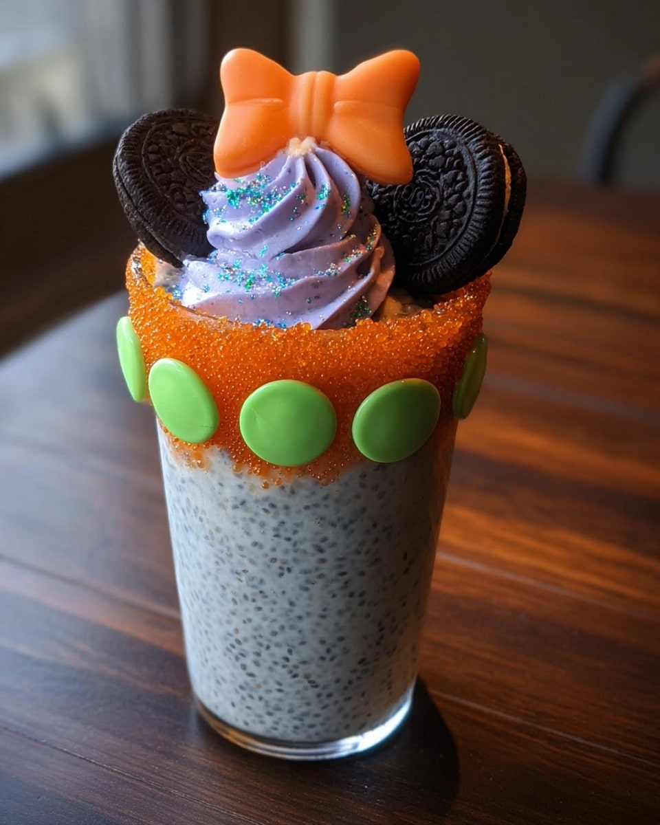 A tall clear glass holds a creamy white pudding with small black chia seeds mixed throughout as the bottom layer. The rim of the glass is coated with orange sugar crystals and decorated with bright green round candies spaced evenly around the outside. On top of the pudding, there is a swirl of light purple whipped cream with tiny glittery sprinkles. Nestled in the whipped cream is an orange bow-shaped candy, and two black sandwich cookies stand upright behind it. The glass sits on a dark wooden table with soft natural lighting. Photo taken with an iphone --ar 4:5 --v 7