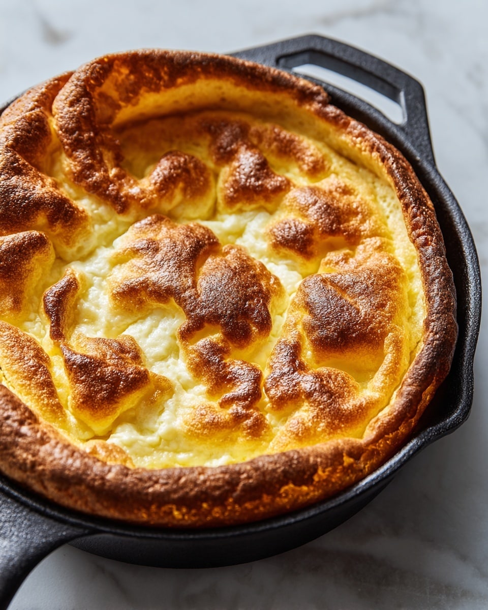 A close-up of a baked dish in a black cast iron pan sitting on a white marbled surface, showing a puffed, golden-brown top layer with uneven browning and slightly crisped edges, several folds and bubbles give the surface a soft and airy look with creamy pale yellow color underneath the browned peaks, the overall shape is round and rustic. photo taken with an iphone --ar 4:5 --v 7