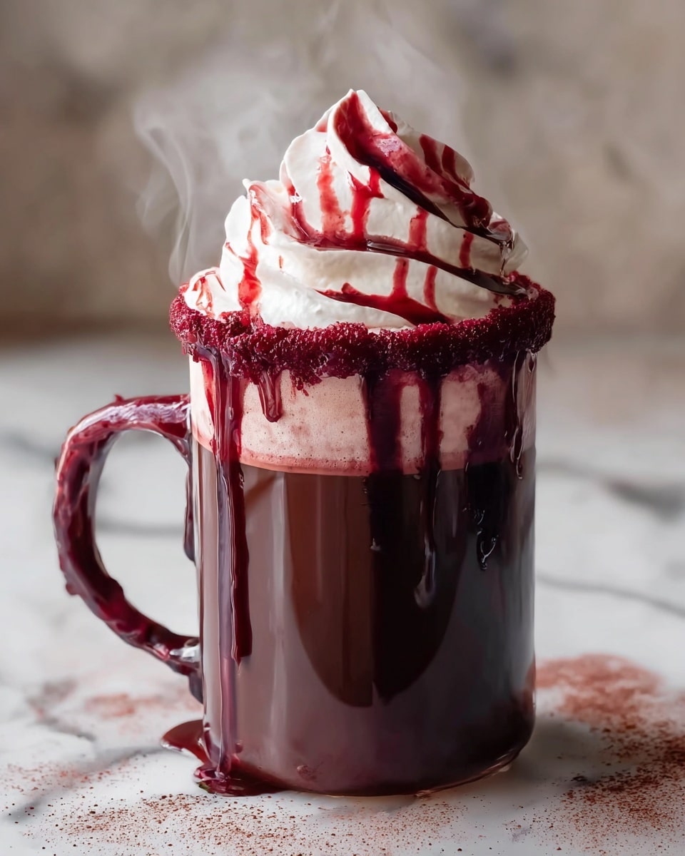 A tall dark brown mug filled with rich hot chocolate that has a thick layer of reddish-purple syrup dripping over the rim and down the sides, sitting on a white marbled surface dusted with cocoa powder. On top, there is a tall swirl of white whipped cream covered with thin streaks of red syrup that matches the dripping liquid, with steam rising softly from the hot drink. The rim of the mug is coated with the same red syrup, adding a textured edge. Photo taken with an iphone --ar 4:5 --v 7