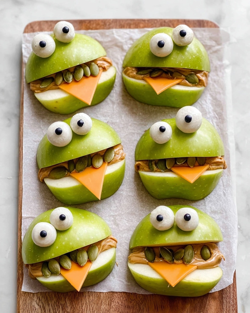 The image shows several green apple slices standing upright on a white marbled surface. Each apple slice is cut horizontally with a gap in the middle filled with a smooth layer of light brown peanut butter. On this peanut butter, dark green pumpkin seeds are placed in a row at the top edge, resembling teeth, while a small triangular piece of orange cheese sticks out from the bottom edge, looking like a tongue. On top of each slice, two round candy eyes with black pupils are positioned to give a playful monster face effect. Photo taken with an iphone --ar 4:5 --v 7