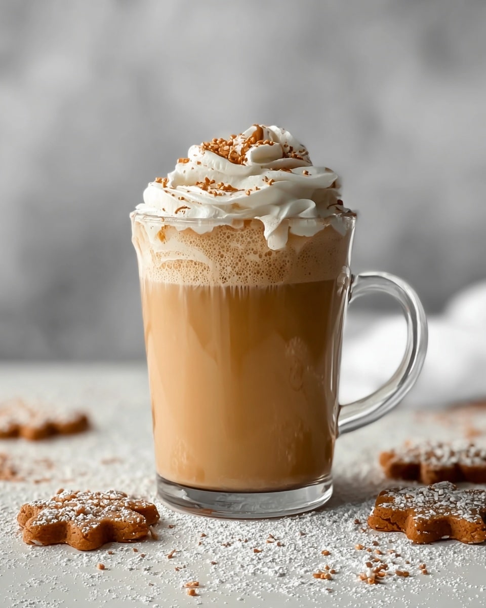 The image shows a clear glass mug filled with a creamy light brown coffee drink, topped with a thick layer of white whipped cream that has small brown sprinkles scattered on top. The coffee itself has a smooth texture with some frothy foam around the edges near the top. The mug is placed on a white marbled surface with scattered white powder and brown shaped cookie crumbs around it, giving a cozy and festive look. photo taken with an iphone --ar 4:5 --v 7
