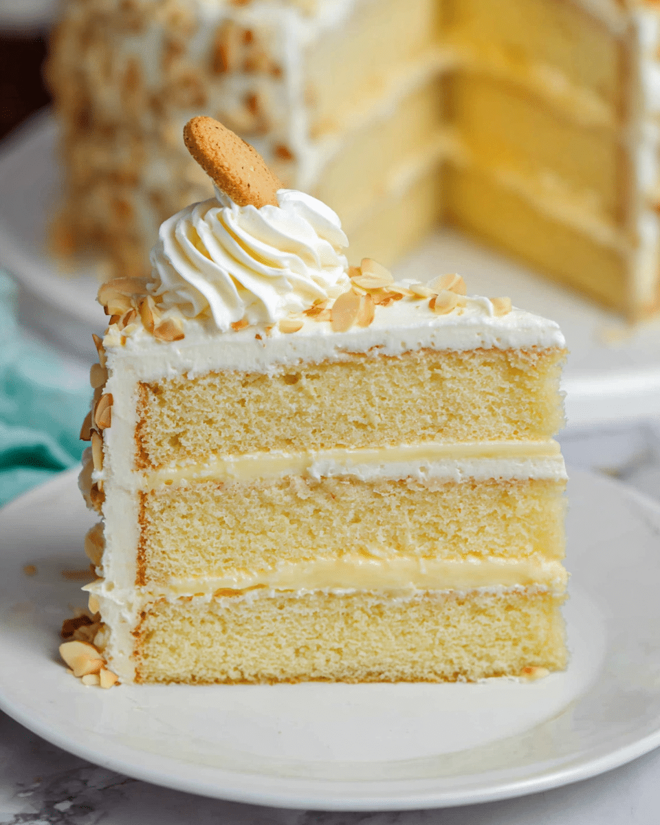 This image shows a slice of three-layer yellow cake on a white plate, placed on a white marbled surface. Each layer of cake is light yellow and soft in texture, separated by two thin layers of creamy yellow filling. The top of the slice is covered with smooth white frosting, sprinkled lightly with small toasted almond flakes. A swirl of whipped cream sits at the top edge of the slice, topped with a single mini cookie. The background also includes a blurred view of the full cake with similar decoration. Photo taken with an iphone --ar 4:5 --v 7