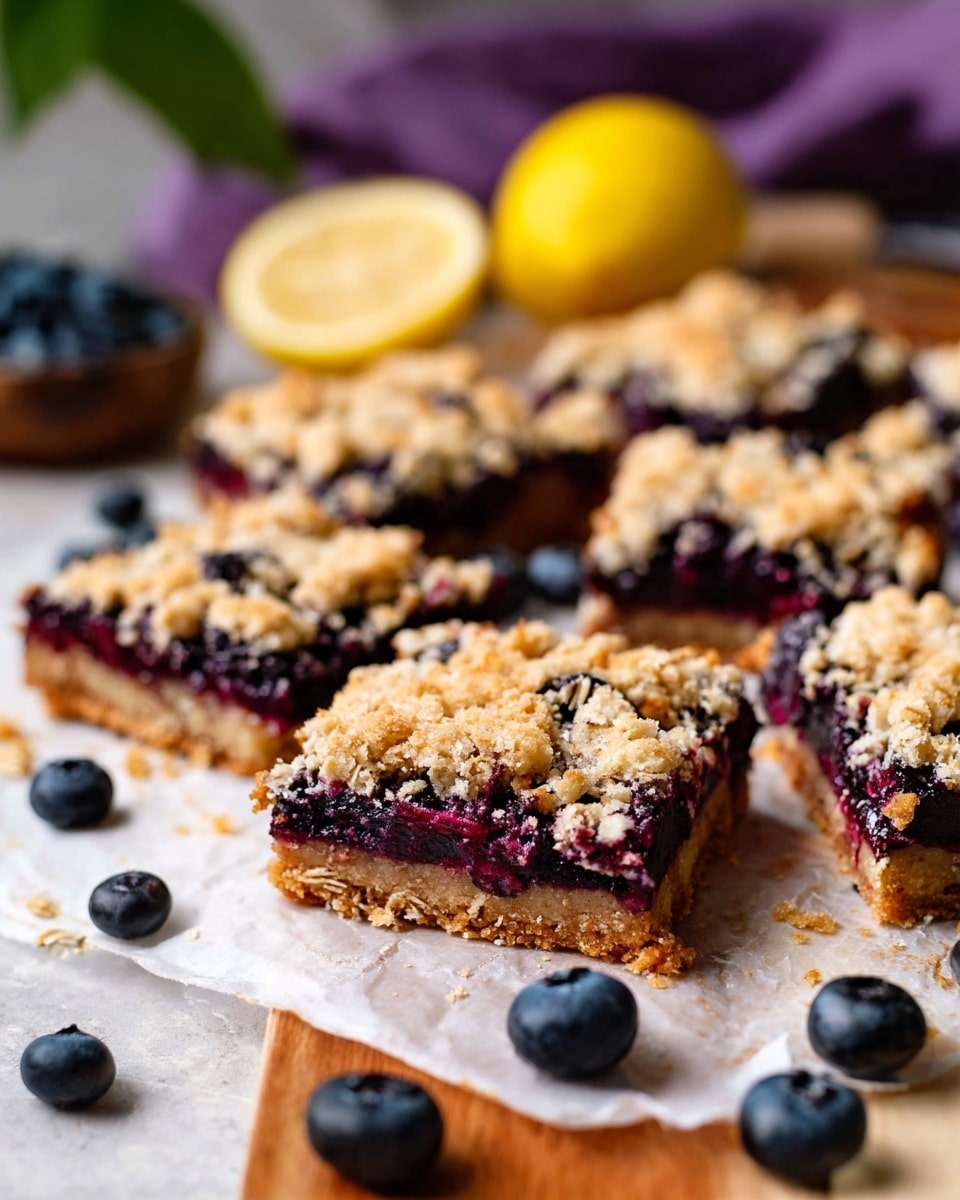 The image shows several square blueberry crumble bars arranged on parchment paper over a wooden board with a white marbled texture surface. Each bar has three layers: a thick, golden-brown crust at the bottom; a deep purple, juicy blueberry filling in the middle; and a crumbly oat topping with a light golden color on top. Fresh whole blueberries are scattered around the bars, adding pops of dark blue. In the background, there is a halved yellow lemon and a blurred purple cloth. The focus is sharp on the front bars with a soft blur on the back, capturing the textures of the oats and juicy fruit. Photo taken with an iphone --ar 4:5 --v 7