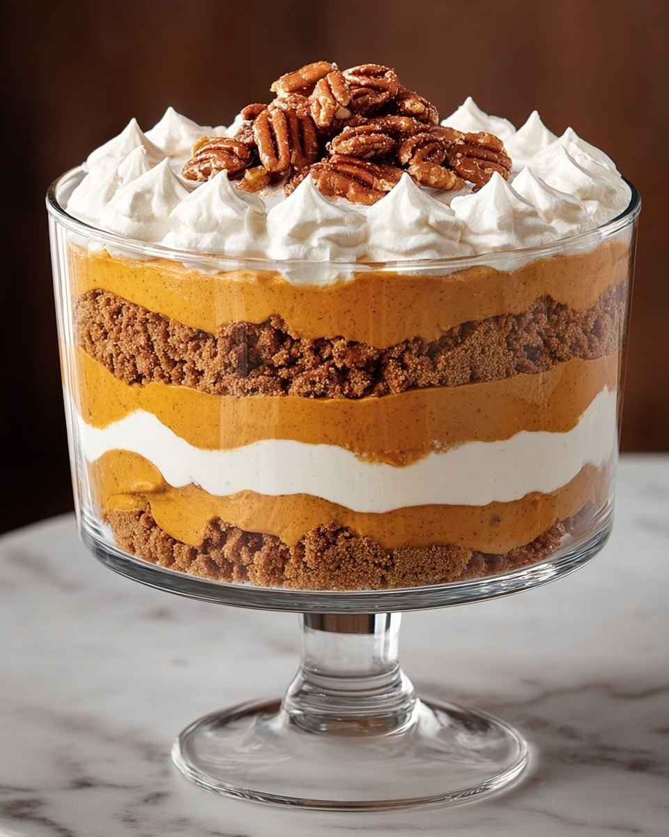 A clear glass trifle bowl holds a dessert with five visible layers, standing on a short stem above a white marbled surface. At the bottom, a rough-textured layer of crushed brown cookies is followed by a smooth, orange-brown pumpkin-colored layer. Above that is another layer of crushed cookies with rough edges, topped by a thick, creamy white layer. Next is a second smooth, orange-brown layer similar to pumpkin mousse, and the top is covered with dollops of white whipped cream arranged around the edges with a cluster of brown candied nuts in the center. Photo taken with an iphone --ar 4:5 --v 7
