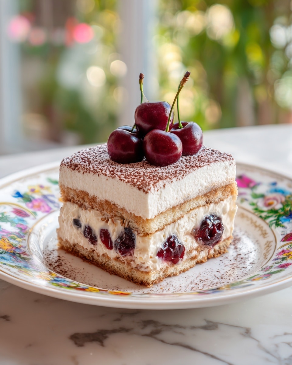 A square piece of layered dessert sits on a white plate with a colorful floral pattern. The dessert has five distinct layers: the bottom layer is a light brown cake base, followed by a thick creamy white layer, then a dark red cherry filling with shiny fruit pieces, above that is a thin layer of light brown cake, and the top layer is a thick, fluffy white cream dusted with cocoa powder. On top, a small bunch of glossy, dark red cherries with green stems adds a fresh touch. The background shows a blurred window with greenery and soft light, and the surface beneath the plate is a white marbled texture. photo taken with an iphone --ar 4:5 --v 7