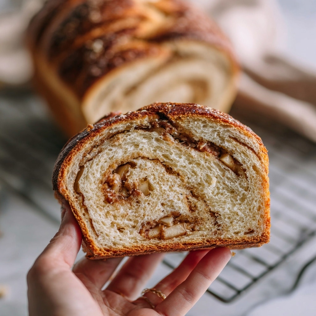 A round loaf of bread with a golden brown crust and a dusting of white flour on top sits on a black cooling rack, showing rough texture with visible cuts and chunks, possibly of nuts or fruit baked into the surface. The bread rests beside a soft cloth with green, white, and red patterns, all placed on a white marbled surface. photo taken with an iphone --ar 4:5 --v 7