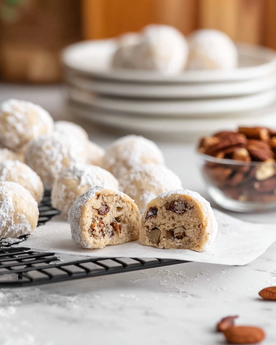 The image shows round cookie balls covered with a light dusting of powdered sugar, placed on parchment paper and resting on a black cooling rack. One cookie ball is cut in half, revealing a soft, crumbly inside packed with chopped nuts, giving a mix of beige dough and brown nut pieces throughout. In the background, stacks of white plates hold more cookies, slightly blurred, and to the right, a glass bowl filled with whole nuts is also softly out of focus. The setting is on a white marbled surface. Photo taken with an iphone --ar 4:5 --v 7