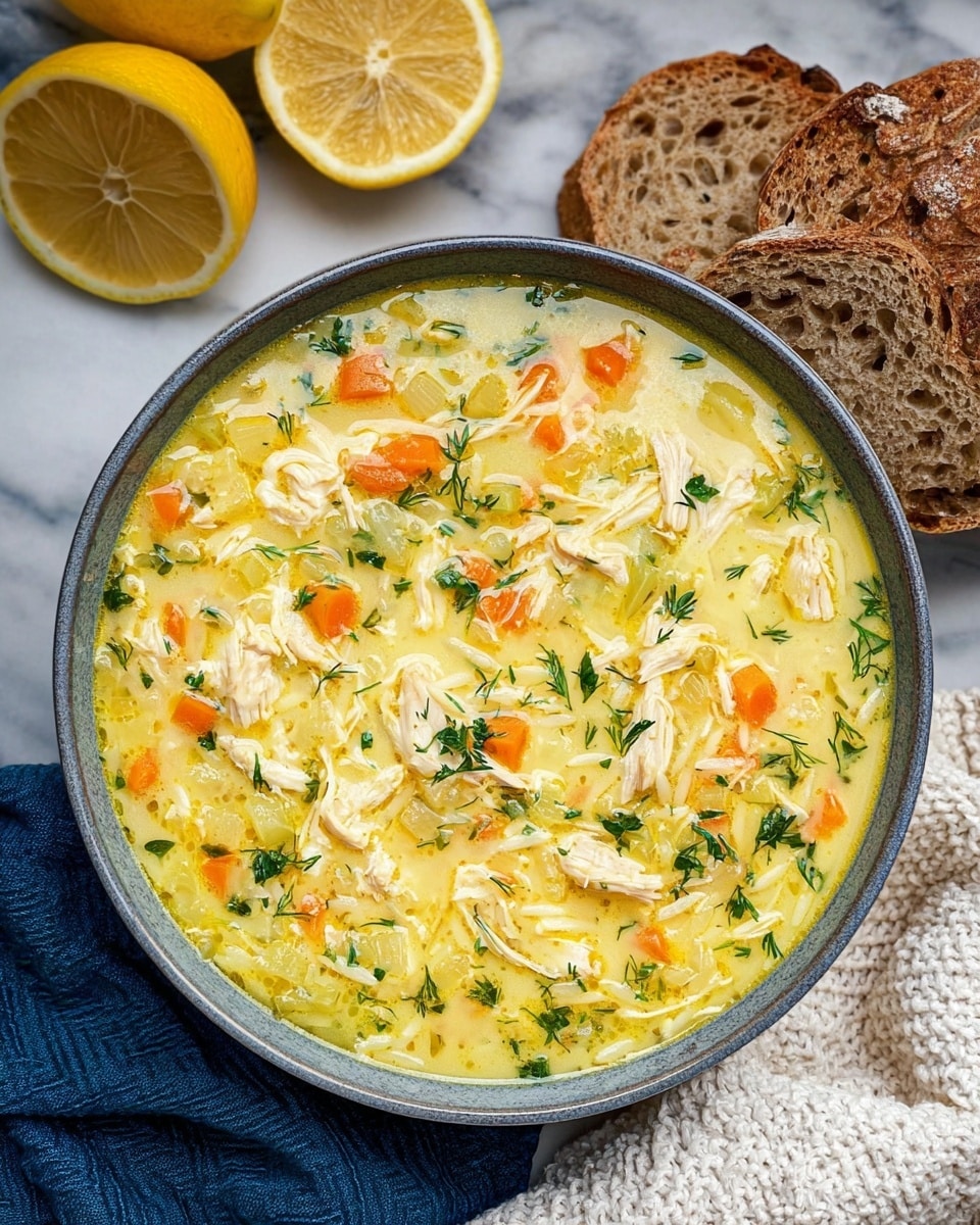 A deep round bowl filled with creamy yellow chicken soup, showing visible layers of shredded white chicken pieces, small pale yellow orzo pasta, diced light orange carrots, and green herbs sprinkled evenly on top. The soup surface is slightly glossy and smooth with herb flecks. The bowl sits on a white marbled surface with two lemon halves behind it, and two slices of rustic brown bread with a rough crust placed nearby. A white textured cloth and a blue cloth napkin are partly visible under the bowl. Photo taken with an iphone --ar 4:5 --v 7