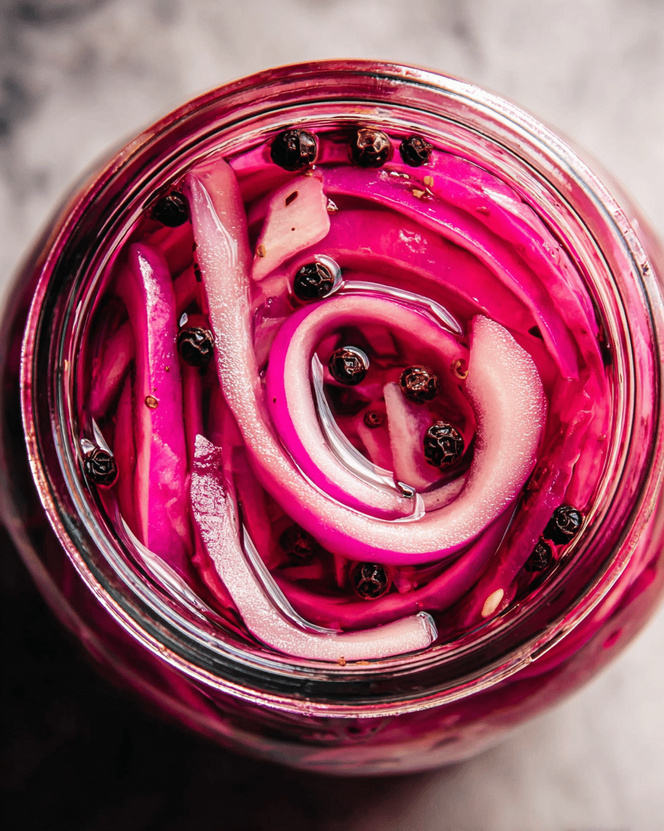 A close-up top view of a jar filled with layers of pickled red onions and whole black peppercorns. The onions are sliced in thick, semi-circular rings and strips, showing a bright pink to purplish hue, soaking in vibrant red-pink brine. The black peppercorns are scattered unevenly throughout the jar, contrasting sharply with the pink colors. The glass jar edges are visible with reflections, and the jar is placed on a white marbled surface with soft natural light highlighting the shiny, wet texture of the onions. Photo taken with an iphone --ar 4:5 --v 7