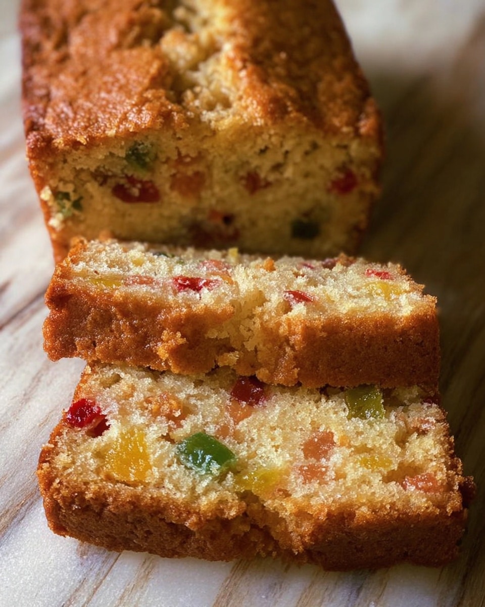 A close-up of a loaf of fruit cake sliced into two pieces, showing a soft and crumbly texture with visible colorful bits of red, green, and yellow candied fruit inside. The top crust is golden brown with a rough finish and slight cracks. The cake sits directly on a white marbled texture. photo taken with an iphone --ar 4:5 --v 7