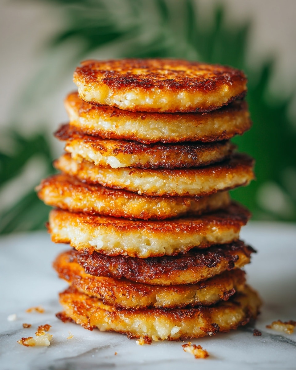 A close-up view of five golden-brown crispy pancakes stacked loosely on a dark surface, showing their textured and slightly uneven edges. The pancakes have a shiny, crispy crust with varying shades of golden yellow and brown, giving a warm and crunchy appearance. The background is softly blurred with hints of green, suggesting garnishing herbs, while the focus remains sharp on the front pancake, highlighting its bubbly texture and browned spots. photo taken with an iphone --ar 4:5 --v 7