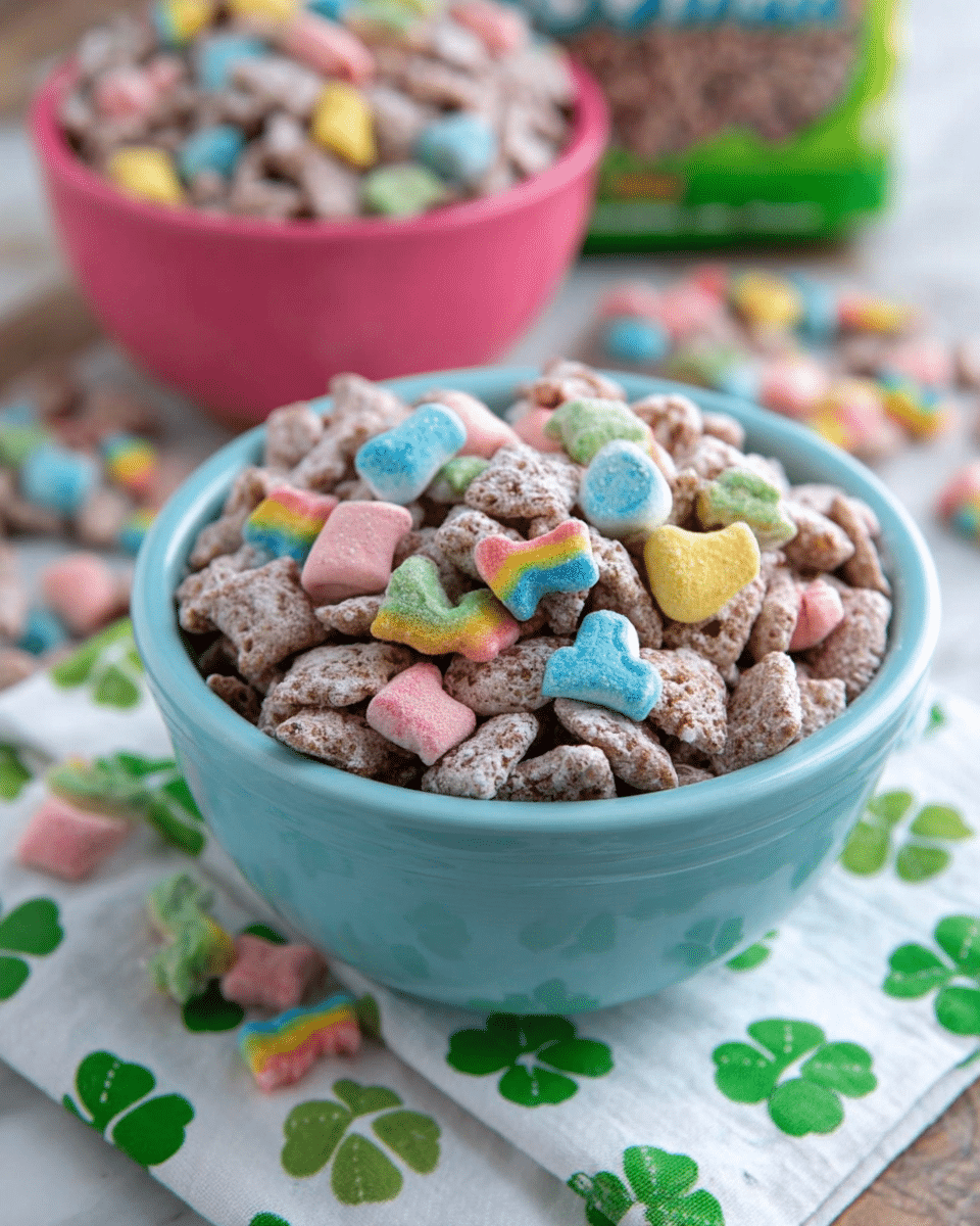 A light blue bowl filled with a colorful cereal mix that has two layers: the bottom layer contains brown pieces covered in white powder, and the top layer is scattered with small, bright marshmallows in shapes of rainbows, clovers, hearts, and boots in colors like red, yellow, green, blue, and pink; the bowl sits on a white cloth with green clover and text patterns, all placed on a white marbled surface, with a pink bowl of the same brown and white powder cereal in the background, and some scattered marshmallows around. photo taken with an iphone --ar 4:5 --v 7