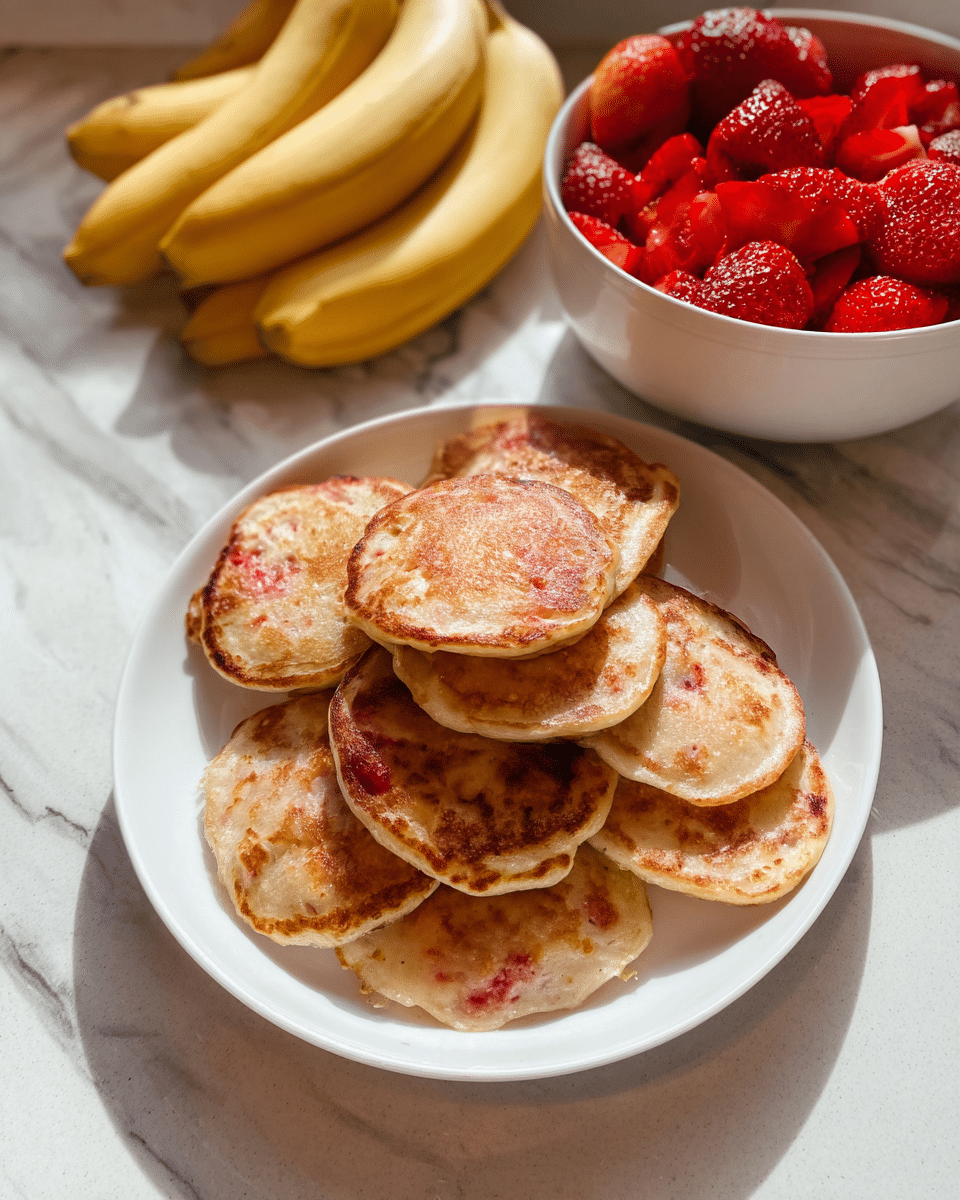 A white plate holds a stack of small, round pancakes, about eight in total, each with a golden-brown surface and slightly uneven edges, showing hints of red pieces inside the batter, likely fruit bits, adding specks of color throughout. Behind the plate, a white bowl filled with cut red strawberries sits on a white marbled surface, with a bunch of yellow bananas resting on the bowl's rim. The light casts soft shadows, giving the scene a fresh and simple look. Photo taken with an iphone --ar 4:5 --v 7