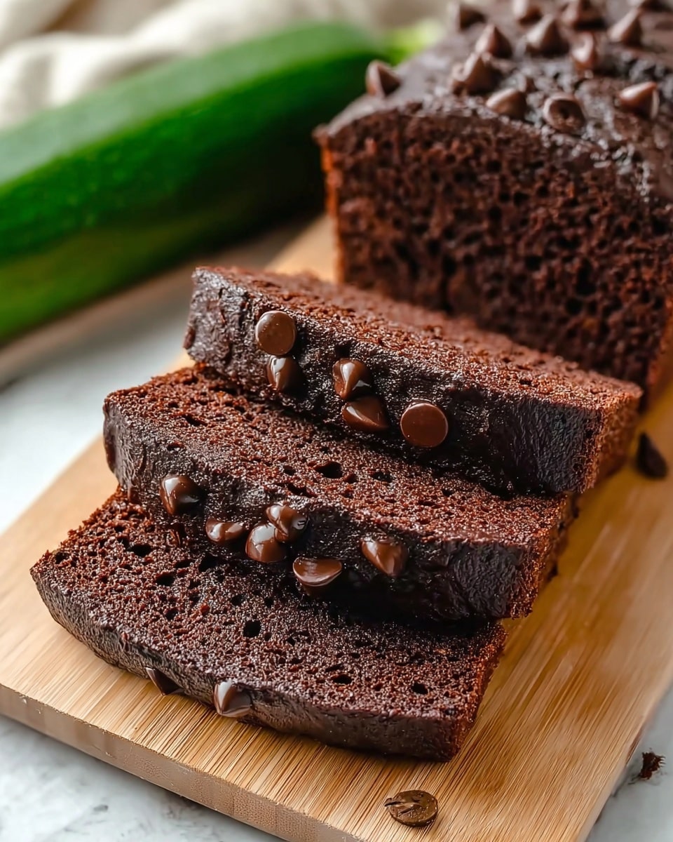 The image shows three slices of dark chocolate bread laid on a light wooden board. Each slice has a moist, dense texture with small holes and is topped with several shiny chocolate chips scattered across the surface. The bread has a rich, deep brown color with a slightly glossy finish on top. In the background, there is a green zucchini that adds a contrasting color to the warm tones of the bread and board. The whole setup is on a white marbled textured surface. photo taken with an iphone --ar 4:5 --v 7