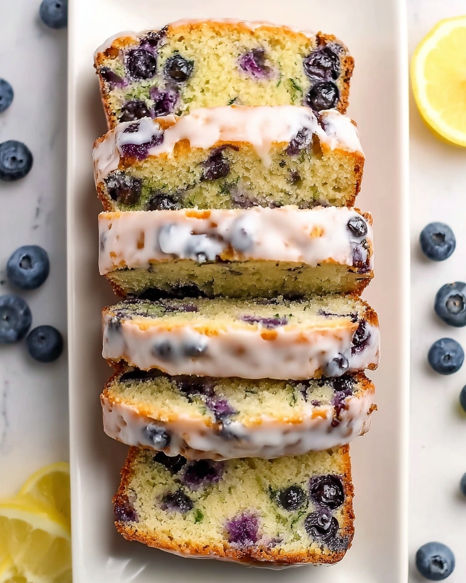 Four slices of blueberry cake are neatly placed in a row on a white rectangular plate, each slice showing a golden brown crust with a moist light yellow interior dotted with dark purple blueberries. The top of the slices is drizzled with a shiny white glaze that lightly covers parts of the berries and cake surface. The plate sits on a white marbled surface with scattered fresh blueberries around it and a lemon slice visible at the bottom right corner. Photo taken with an iphone --ar 4:5 --v 7