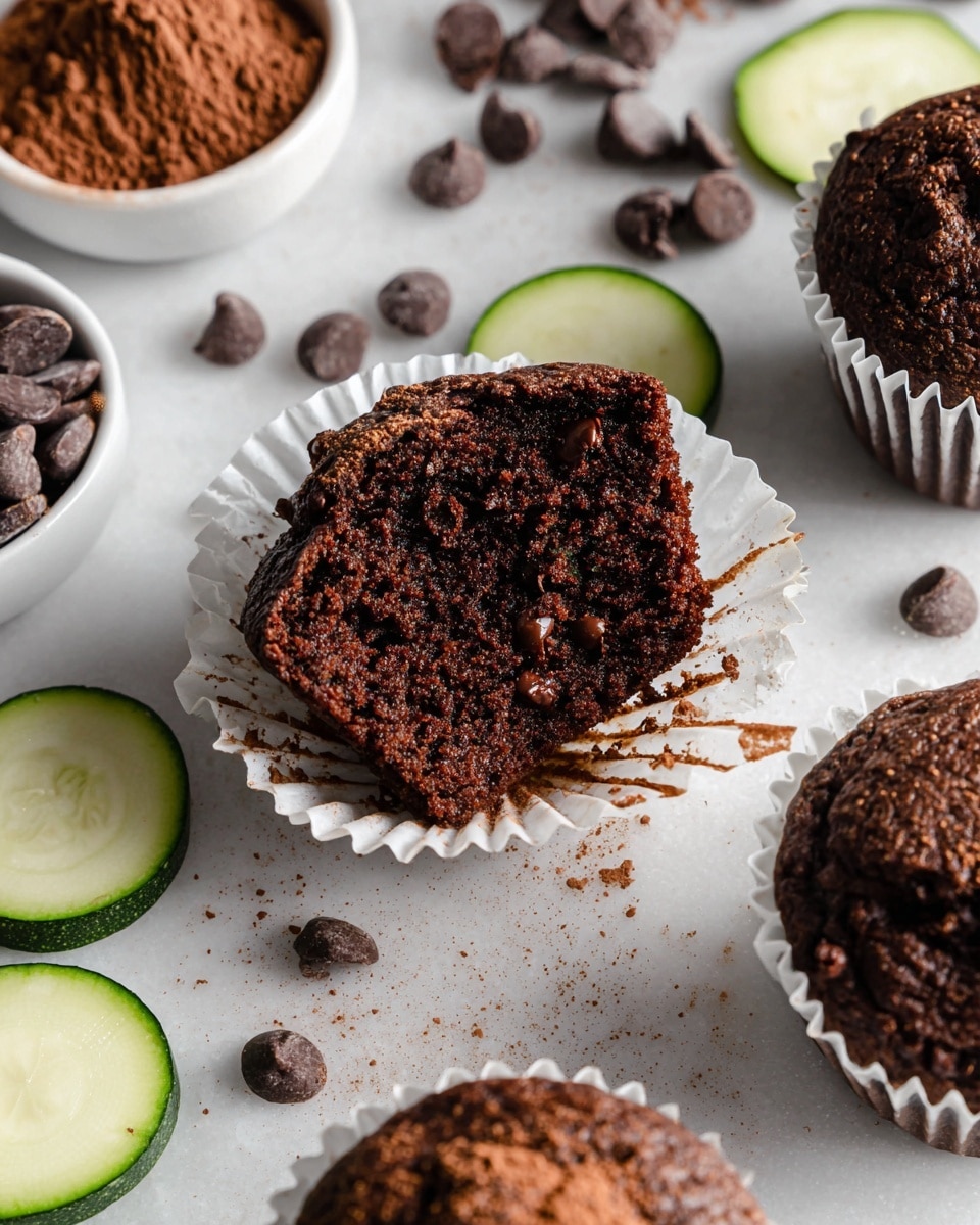 The image shows a close-up of a chocolate muffin that is partly eaten, placed in an open white paper liner with crumbs and bits of chocolate scattered inside it. The muffin has a rich, dark brown color with a soft, moist texture and visible specks of chocolate chips throughout. Around the muffin, there are whole chocolate chips scattered on a white marbled surface, along with thin green zucchini slices curling slightly. Also visible are two whole chocolate muffins in white paper liners and two white bowls, one filled with cocoa powder and the other with more chocolate chips. The scene is bright and clear, highlighting the textures and colors of the chocolate muffin and surrounding ingredients. photo taken with an iphone --ar 4:5 --v 7