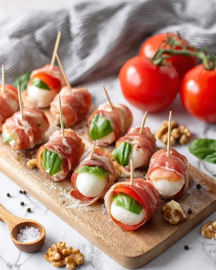 Prosciutto-Wrapped Mozzarella Bites with Basil, Tomato, and Balsamic Drizzle Recipe