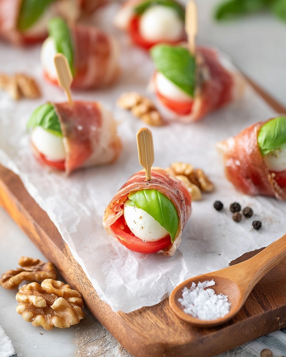 Small bite-sized appetizers are shown on a white marbled surface lined with white parchment paper on a wooden board. Each appetizer has three visible layers: a bright red tomato slice and a smooth, white mozzarella ball in the center, covered by a fresh green basil leaf, all wrapped tightly in thin, light brown prosciutto, secured with a wooden toothpick in the middle. Around the appetizers, there are scattered pieces of light brown walnut halves and a wooden spoon filled with coarse white salt, alongside a few black peppercorns. The scene has a soft, natural light and a cozy, fresh feel. photo taken with an iphone --ar 4:5 --v 7