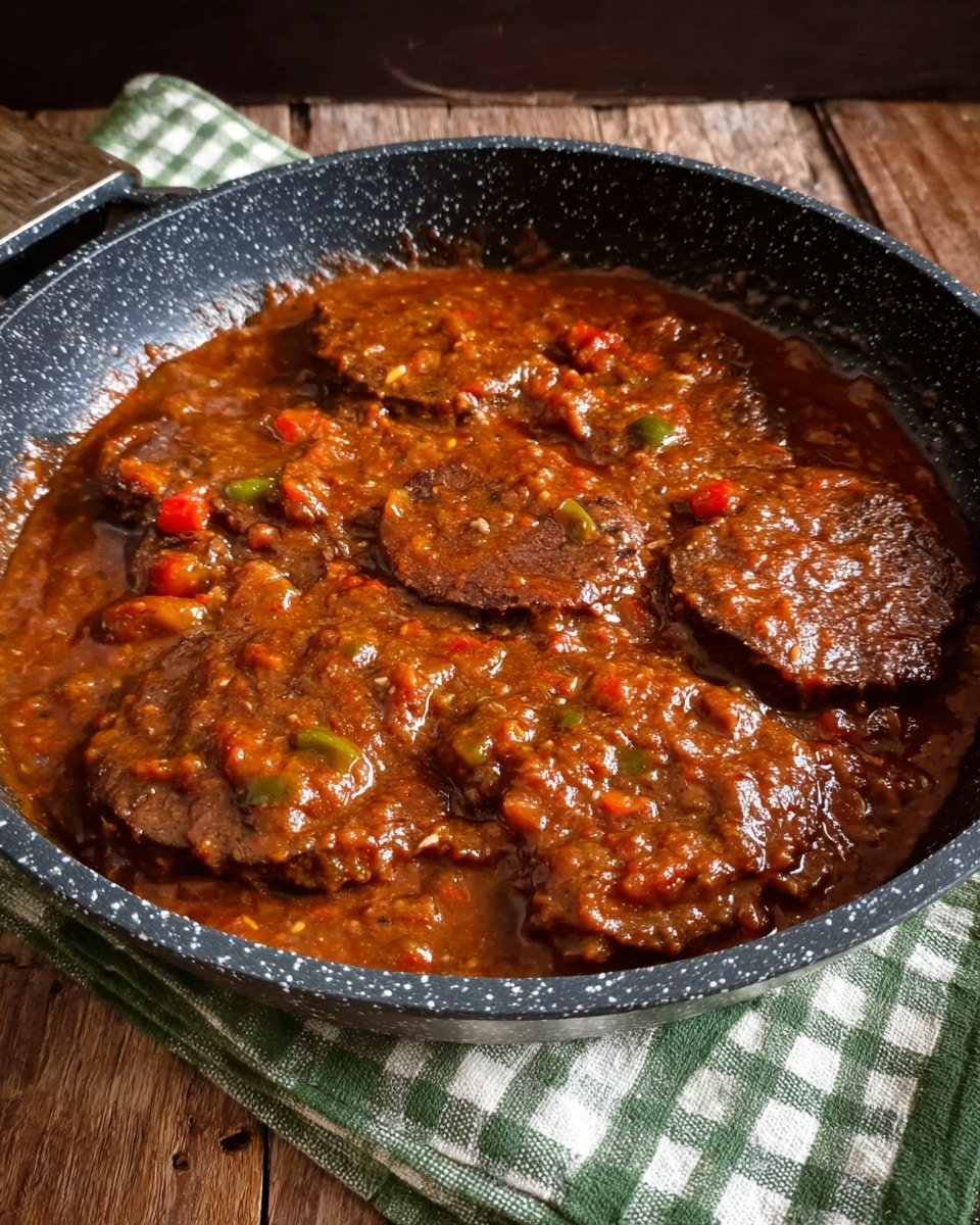 A close-up of a deep, round black speckled pan filled with a thick, rich reddish-brown stew containing five large, dark brown meat slices partially covered by the sauce, which is textured with small bits of vegetables like tomatoes and green peppers. The pan sits on a folded green and white checkered cloth over a wooden surface, with a dark background behind it. The sauce has a glossy, slightly chunky texture spreading evenly around the meat slices. photo taken with an iphone --ar 4:5 --v 7