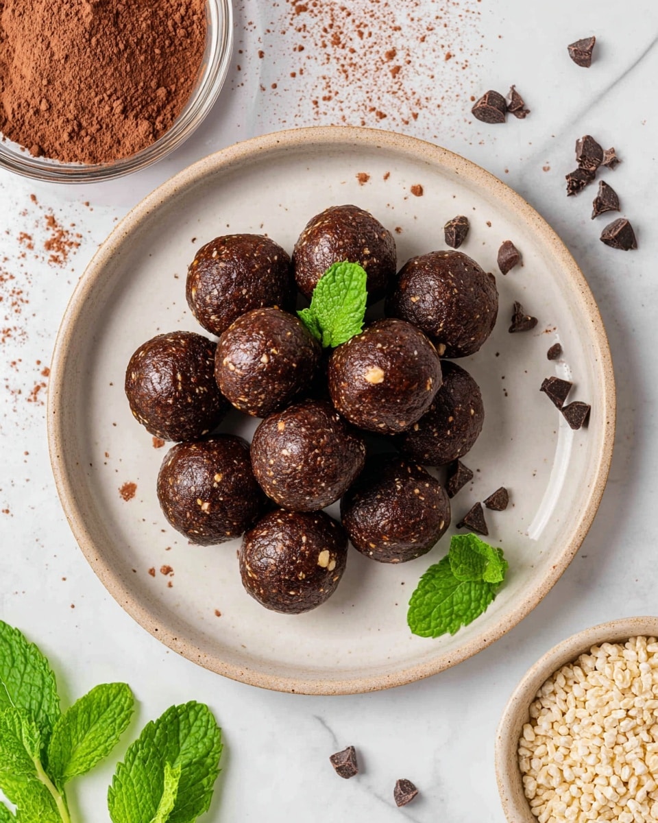 A round white ceramic plate holds about fifteen dark brown energy balls with a glossy, slightly rough texture showing small bits of oats or nuts inside; they are piled in the center of the plate with three balls scattered around the edges. A small green mint leaf garnish tops the center pile. Around the plate, tiny dark chocolate chips and cocoa powder are scattered on a white marbled surface. A glass bowl filled with cocoa powder is visible at the top left. Fresh green mint sprigs lay at the bottom left, and a small bowl with pale puffed rice is at the bottom right. photo taken with an iphone --ar 4:5 --v 7