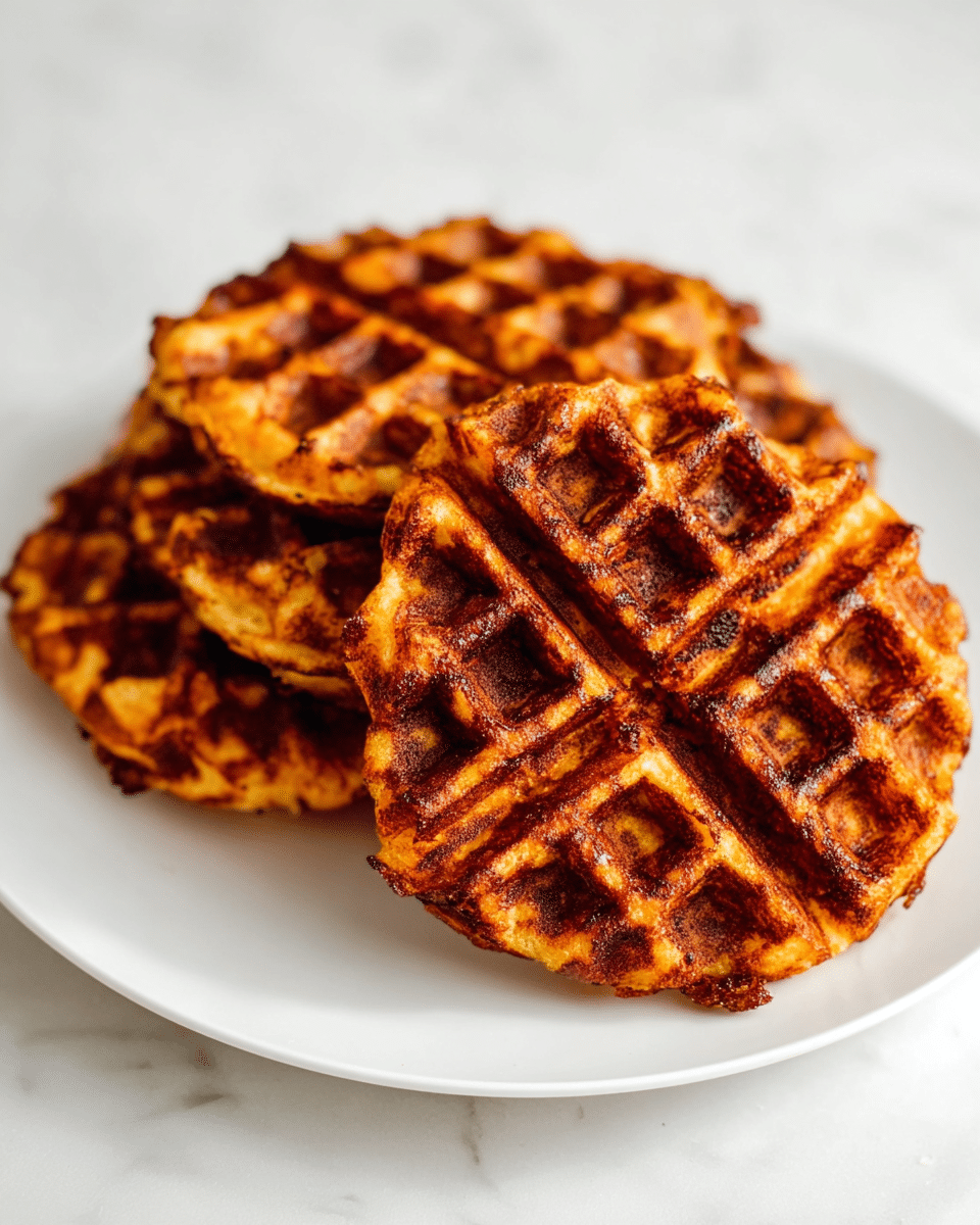 Five small golden-brown waffles are arranged in a flower shape on a round white plate, all sitting on a white marbled surface. Each waffle has a crispy texture with clear grid patterns, showing some darker brown spots indicating slight caramelization. The waffles overlap slightly, with one waffle in the center and the other four placed evenly around it. photo taken with an iphone --ar 4:5 --v 7