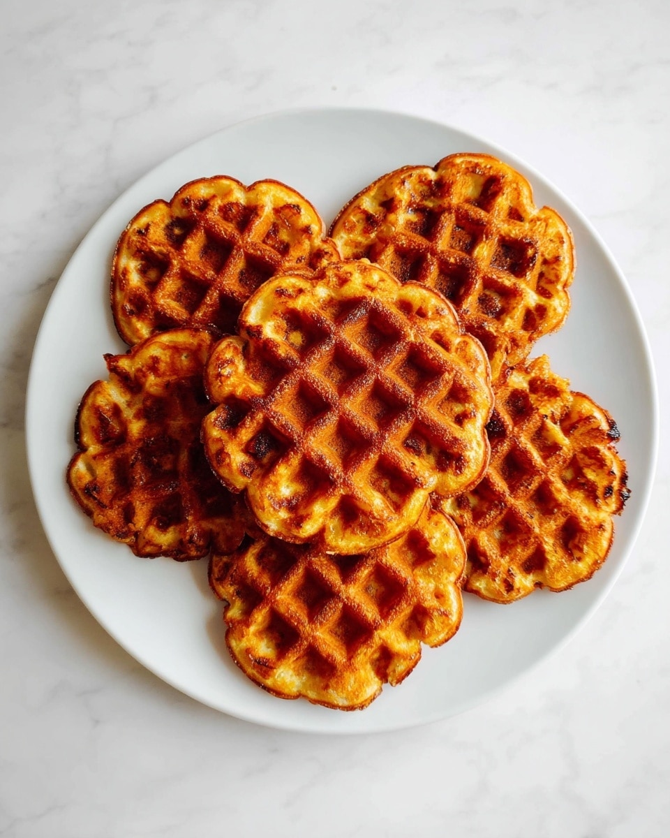 Four round waffles are stacked slightly overlapping on a white plate, placed on a white marbled surface. Each waffle has a deep golden-brown color with darker toasted grid patterns across the top, showing a crispy texture with some caramelized spots. The waffles appear thick with a soft, slightly rough texture inside the crispy exterior. The focus is sharp on the front waffle, showing details of the uneven browning and grid indentations. photo taken with an iphone --ar 4:5 --v 7