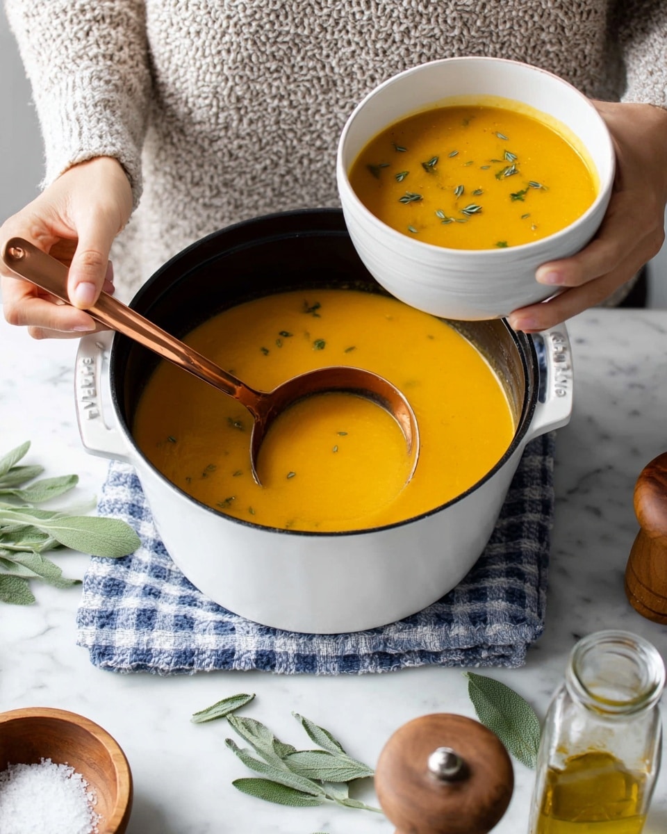 A white pot filled with thick smooth orange soup, garnished with small bits of green herbs floating on top. A woman's hand holds a white bowl filled with the same soup, while another woman's hand uses a copper ladle to pour the soup into the bowl. The scene is set on a white marbled surface with a blue checkered cloth, fresh sage leaves, a small wooden bowl of salt, a glass jar of oil, and a wooden pepper grinder nearby. The person holding the bowl wears a light gray, textured sweater. Photo taken with an iphone --ar 4:5 --v 7