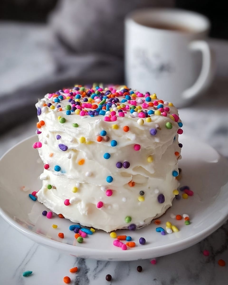 A small cake with one visible layer covered in thick, white frosting that looks creamy and slightly uneven, topped generously with colorful round and teardrop-shaped sprinkles in bright colors like pink, blue, yellow, green, orange, purple, and black; the cake sits on a white plate with some sprinkles scattered around it, all placed on a white marbled surface with a blurred mug in the background. photo taken with an iphone --ar 4:5 --v 7