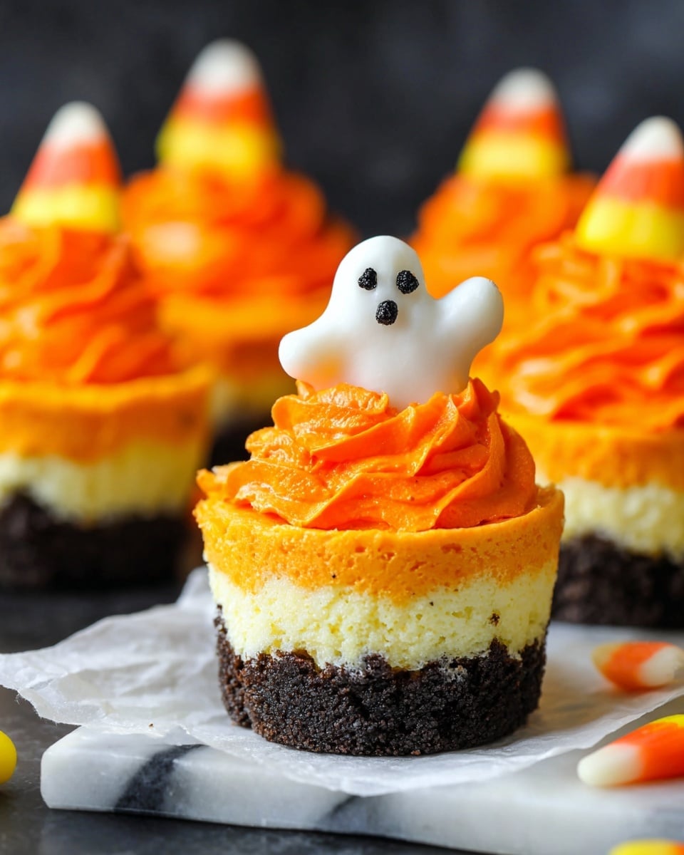 This image shows a close-up of a mini cupcake with five layers. The bottom layer is a dark, crumbly crust, likely made from crushed cookies. Above that are three smooth, creamy layers in the colors yellow, orange, and white, stacked evenly. On top rests a thick swirl of bright orange fluffy frosting. Sitting on the frosting is a small white ghost figure with black eyes and mouth made from icing, holding a candy corn with yellow, orange, and white colors. The cupcake is standing on white parchment paper that lies on a dark surface with a white marbled texture. In the blurred background, more similar cupcakes are visible with the same orange frosting and ghost decoration. photo taken with an iphone --ar 4:5 --v 7