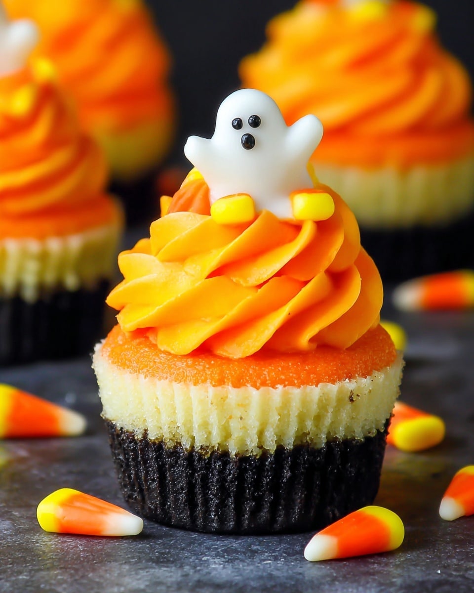 The image shows a cupcake with four layers: the bottom layer is black and crumbly like a cookie crust, the next three layers are thick and smooth, colored yellow, bright orange, and pale creamy white from bottom to top, resembling candy corn. On top, there is a thick swirl of bright orange frosting with a soft, creamy texture. A small, white ghost-shaped candy with three black dot eyes and a mouth holds a piece of candy corn colored yellow, orange, and white. The cupcake is placed on a dark surface with some candy corn pieces nearby. photo taken with an iphone --ar 4:5 --v 7