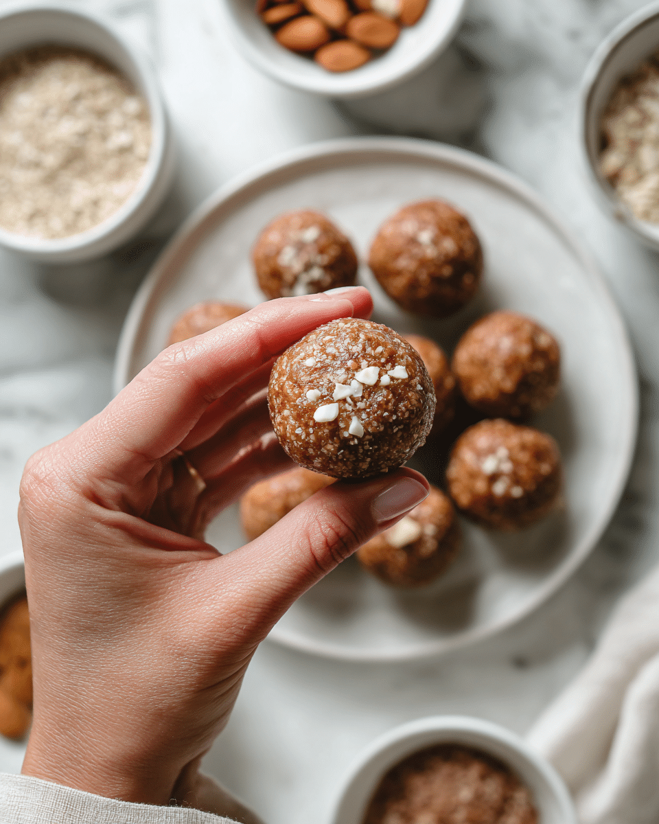A close-up of a woman's hand holding a round, brown ball-shaped sweet with a rough, crumbly texture and small white nut pieces on top. In the background, there is a white plate filled with similar brown balls, and white bowls containing different ingredients like grains and chopped nuts, all placed on a white marbled surface. Photo taken with an iphone --ar 4:5 --v 7