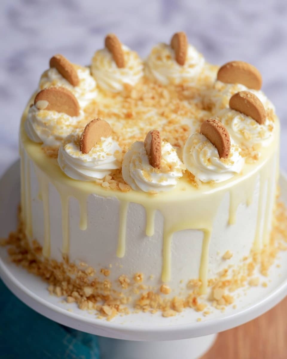 This cake has two main layers covered with smooth white frosting. The sides have a light yellow sauce dripping down gently over the white frosting. Around the bottom edge, there are small golden crumb pieces. On top, there are eight cream swirls evenly spaced near the edge. Each swirl holds a small light brown cookie. The center top is also sprinkled with the golden crumb pieces. The cake sits on a white plate, set against a white marbled background. photo taken with an iphone --ar 4:5 --v 7
