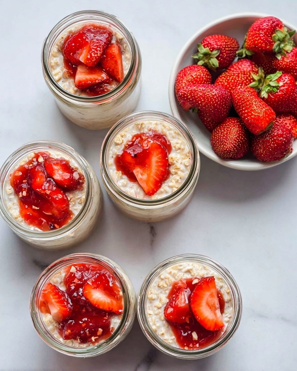 Five small clear glass jars are arranged on a white marbled surface, each filled with creamy oatmeal mixed with pieces of oats. The oatmeal is topped with different amounts of sliced red strawberries and bright red strawberry jam, creating a mix of red and white layers. The strawberries appear fresh and juicy, sitting on the top layer of each jar with some jam glistening in the light. To the right side, there is a white bowl full of whole fresh strawberries with green leaves showing. The jars and bowl create a colorful and fresh breakfast scene. photo taken with an iphone --ar 4:5 --v 7