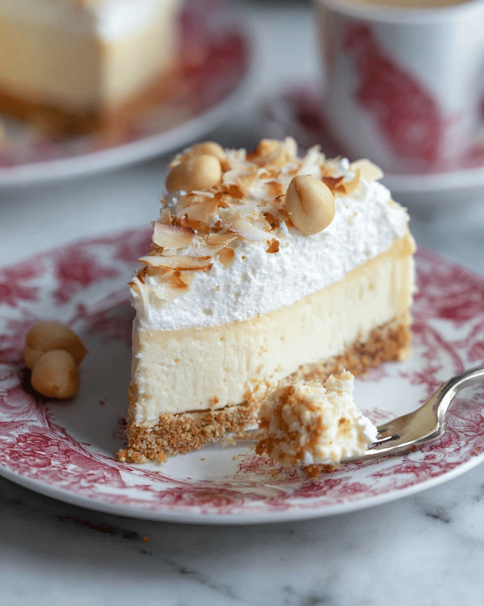 A slice of three-layered cheesecake sits on a white plate with a red floral pattern. The bottom layer is a crumbly, golden-brown crust, above it is a thick, creamy pale-yellow cheesecake layer, and the top layer is a fluffy white cream sprinkled with lightly toasted almond flakes. Beside the cheesecake slice on the plate are a few light brown macadamia nuts. In the foreground, a fork holds a bite-sized piece of cheesecake with some crumbs on it. The background shows soft focus with a white marbled texture beneath the plate and parts of a white cup with a red design. Photo taken with an iphone --ar 4:5 --v 7